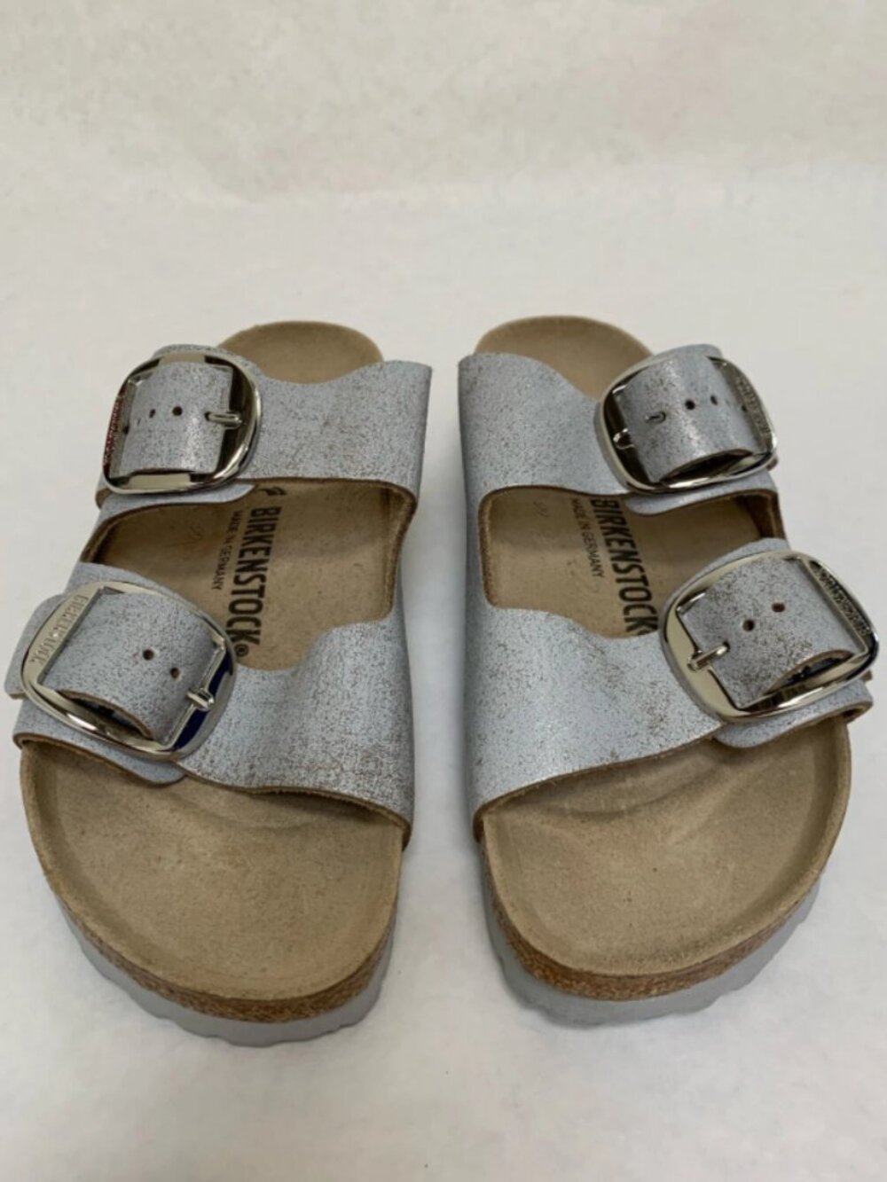 Birkenstock Arizona Big Buckle Washed Metallic Blue Silver Suede Leather Narrow